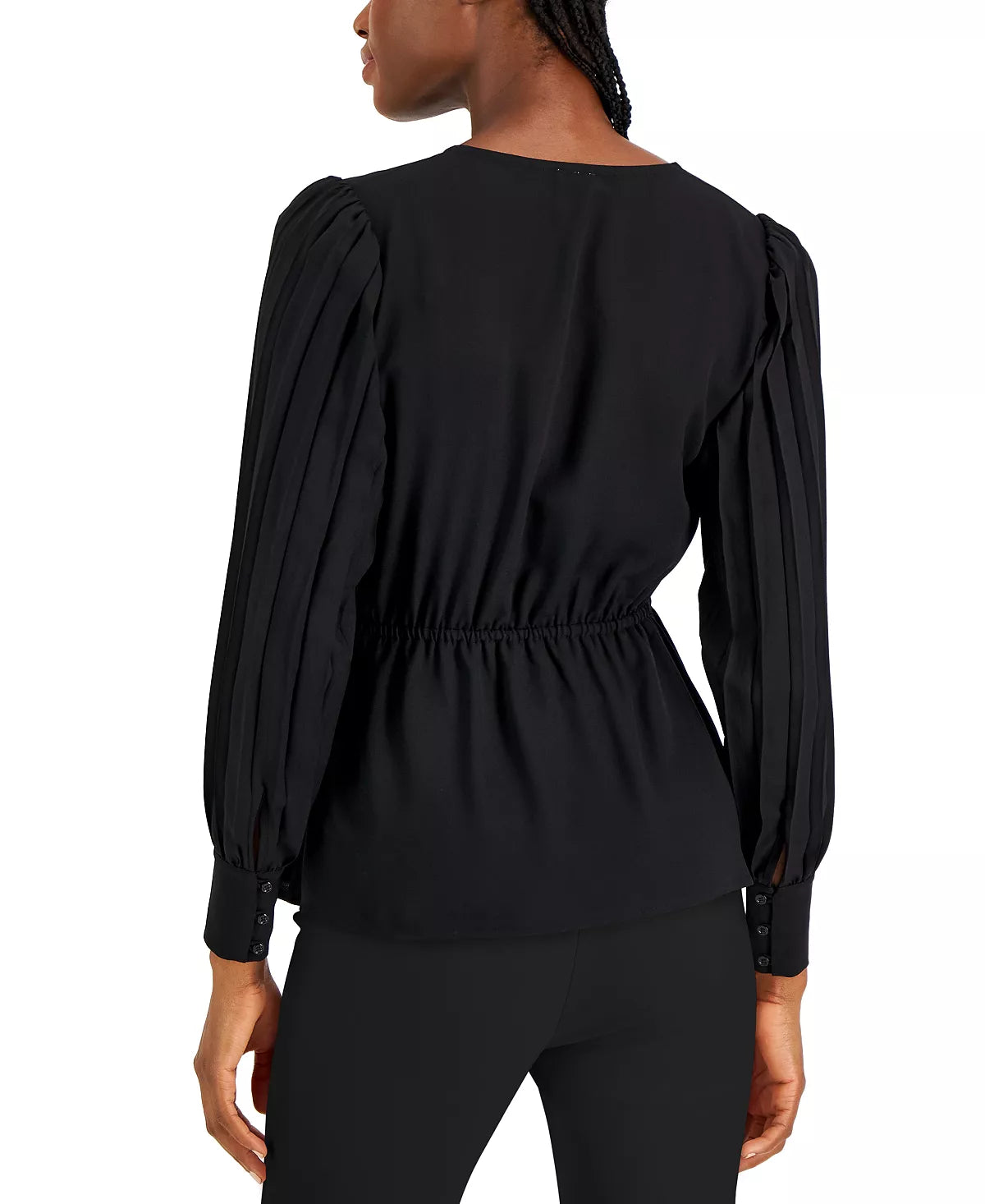  Anne Klein Pleated Sleeve V Neck Blouse - Anne Black - Bonton