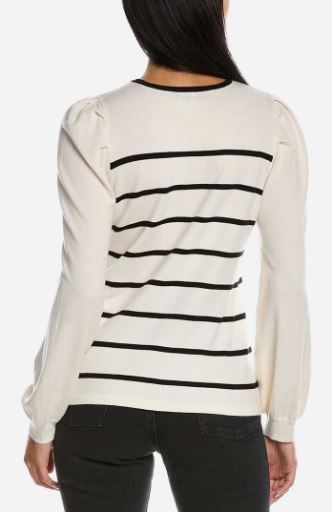 Anne Klein Striped Puff Sleeve Crew Neck - Anne Black/ Anne White - Bonton