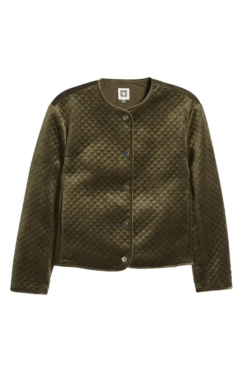  Anne Klein Quilted Snap-Front Velvet Jacket - Kelp - Bonton