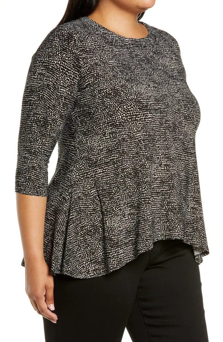  Anne Klein Plus Size Dot Print ITY Sharkbite Top - Anne Black/ Anne White - Bonton