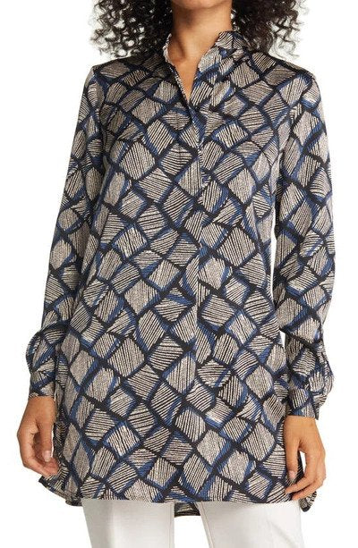  Anne Klein Printed Nehru Tunic - Anne BlackBlue Jay Combo - Bonton