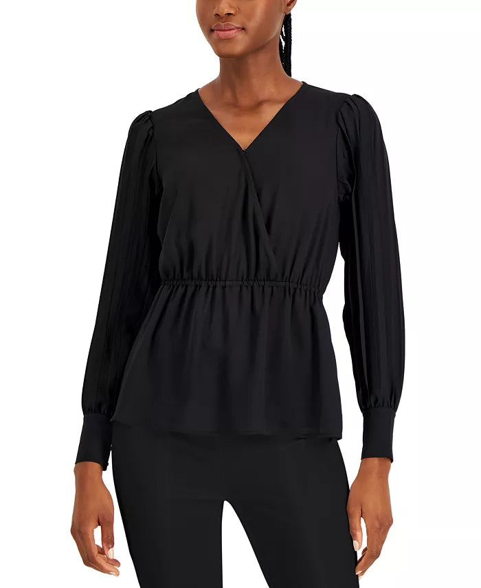  Anne Klein Pleated Sleeve V Neck Blouse - Anne Black - Bonton