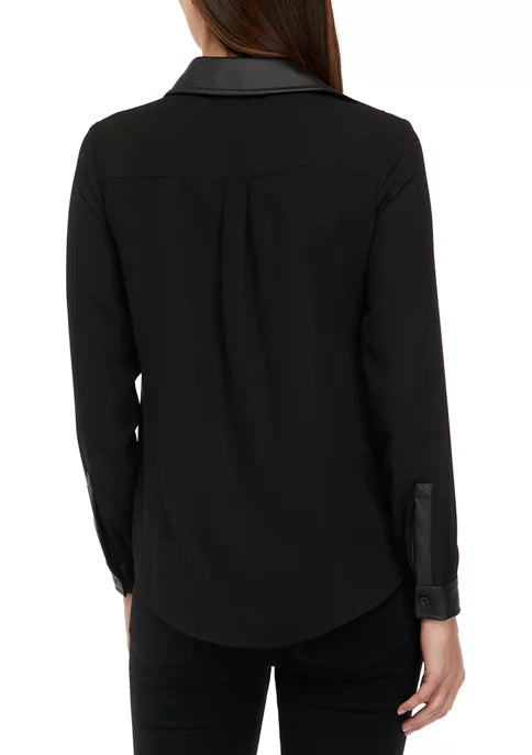  Anne Klein Plus Size Women's Faux-Leather-Trim Button-Down Shirt - Anne Black - Bonton