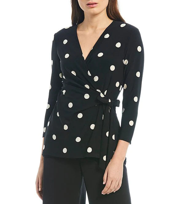  Anne Klein Ritz Dot 3/4 Sleeve Wrap Top-Wrong Image - Anne Black/Royal Sapphire Cmb - Bonton